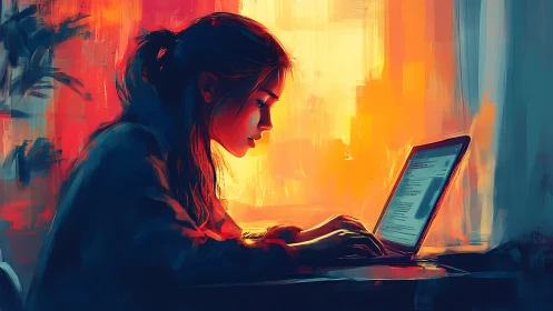Side-lit woman on laptop in vivid orange teal digital study