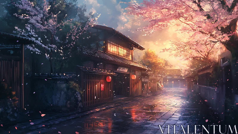 Traditional street with cherry blossoms at wet sunset light.