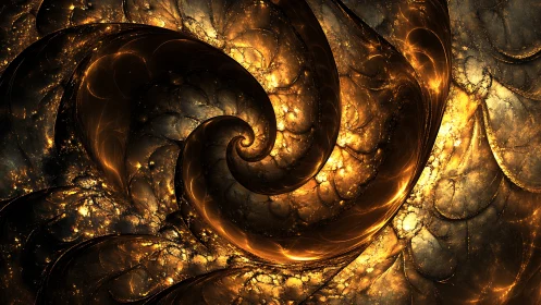 Golden fractal vortex swirls through cosmic, molten light.