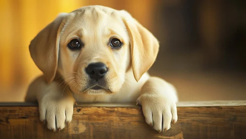 Yellow labrador puppy resting paws on wooden surface.