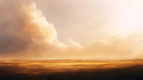 Golden plains under expansive sunlit cloud bank.