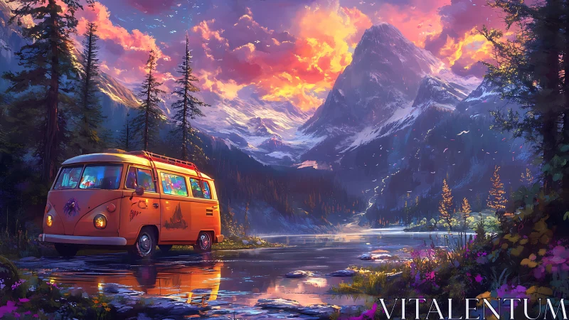Retro camper van beside glowing mountain lake at sunset.