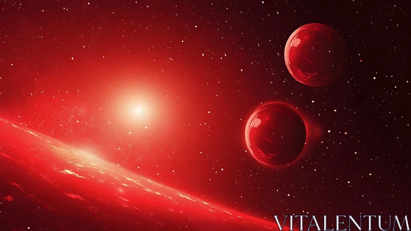 Crimson twin worlds drifting through a blazing red cosmos.