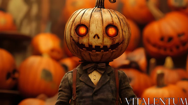 Pumpkin-headed gentleman glowing in a cozy Halloween crowd.