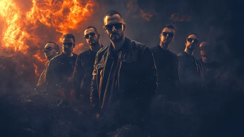 Rock band in dark smoky scene with intense fiery sky.