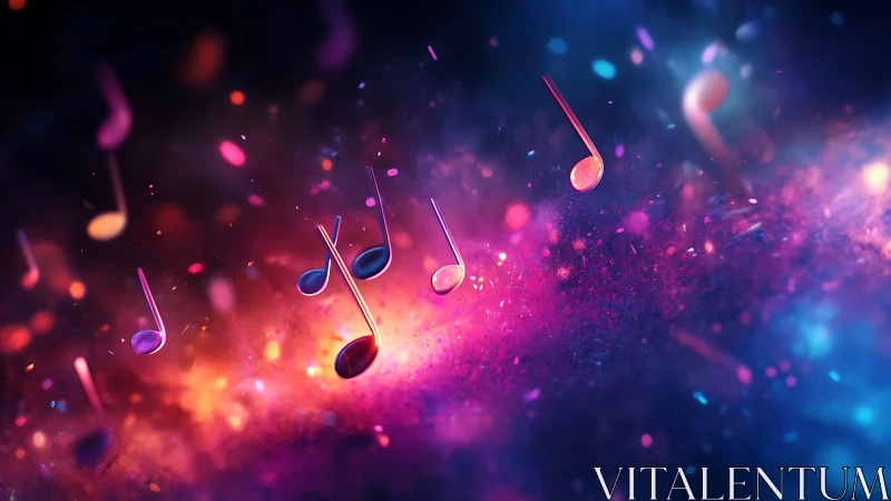 Glowing neon music notes in vibrant bokeh nebula gradient space