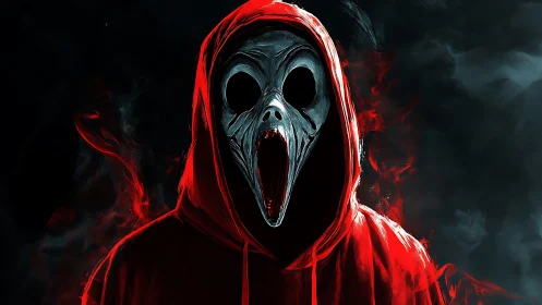 Hooded wraith shrieks in crimson smoke and shadowed void.