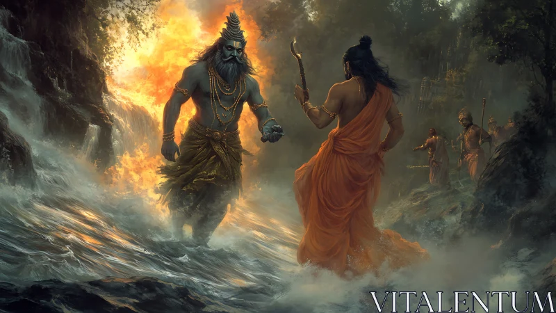 Epic river meeting between warriors framed in sacred fire.