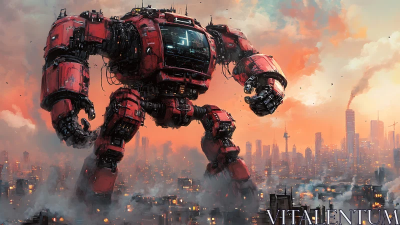 Colossal red combat mech over smoldering cyberpunk skyline.