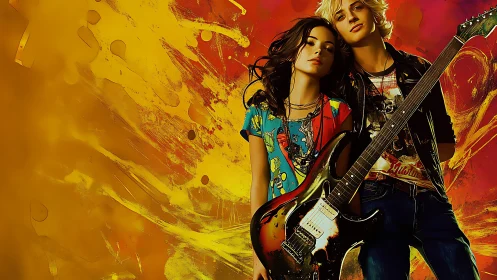 Rock duo framed by abstract graffiti-style neon brushwork