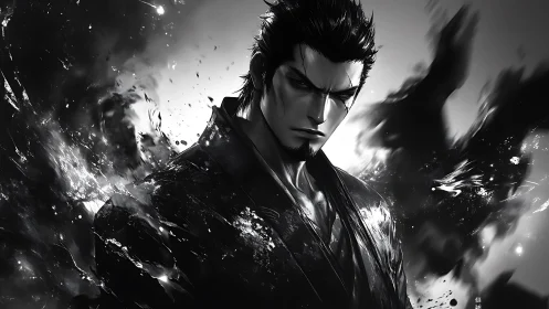 Monochrome warrior portrait merges dynamic ink and light