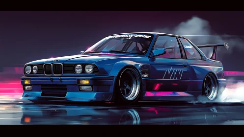 Neon midnight drifter coupe prowls a vaporwave racetrack.