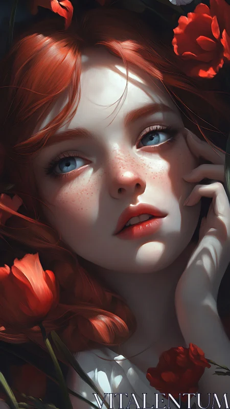 Red haired girl framed by scarlet flowers, luminous skin