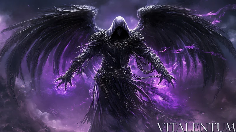 Dark winged reaper conjuring violet arcane storm power.