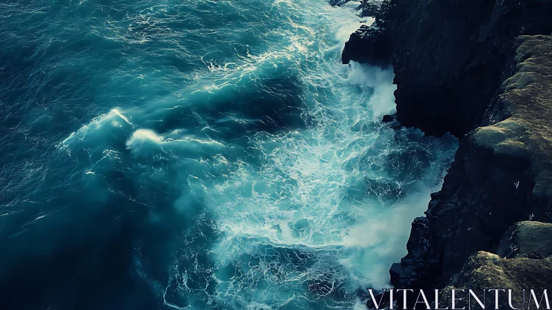 Ocean surf crashes against rugged coastal cliff face