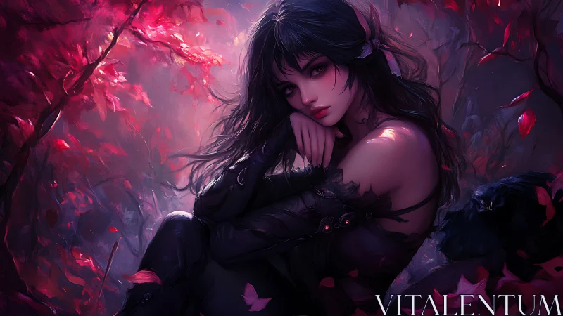 Dark-haired forest sorceress in red autumn glow.