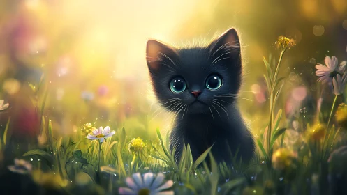 Black Kitten with Blue Eyes in Wildflower Field.