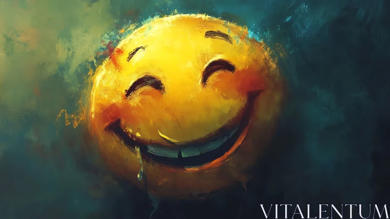 Yellow spherical face displays exaggerated smile in teal field