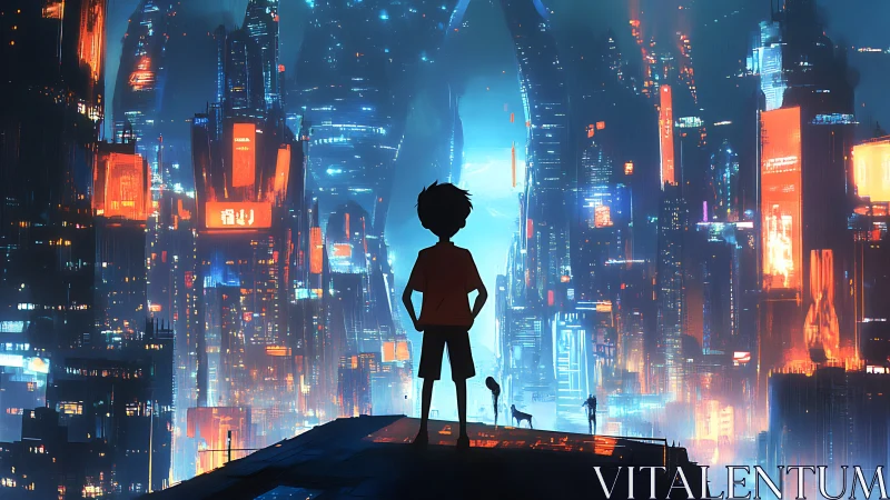 Cyberpunk skyline vista with silhouetted youth in neon glow.