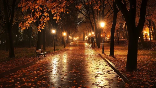 Autumn park pathway under glowing night lamplights.