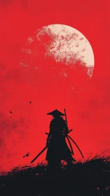 Lone ronin stalks a blood-red horizon beneath ghost moon.