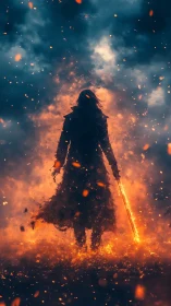 Lone warrior silhouette engulfed in cinematic volcanic fire.