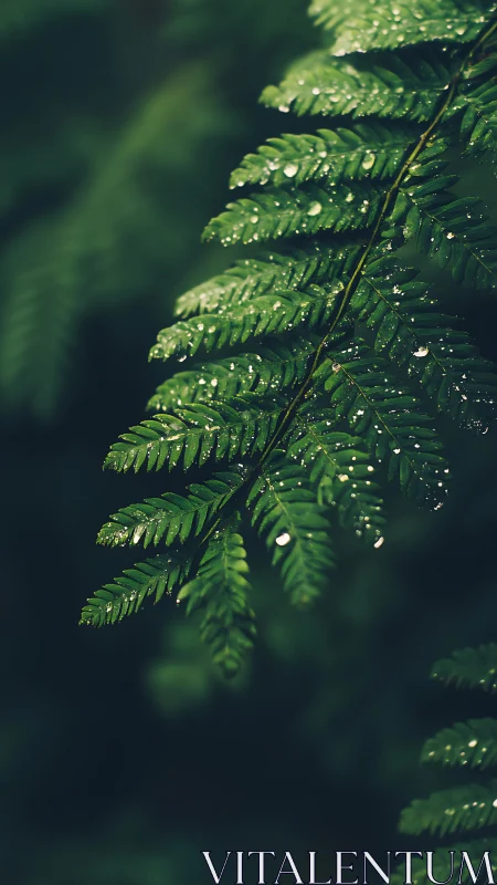 Fern fronds hold crystal raindrops in soft forest shadow.