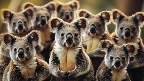 Koala group portrait shows alert expressions, warm lighting.