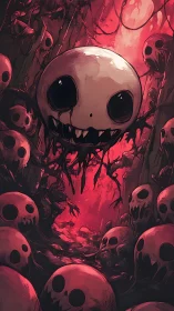 Grotesque skull swarm within crimson nightmare cavern.