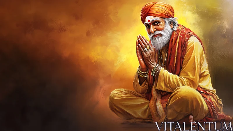 Elderly man in orange robes seated with folded hands.