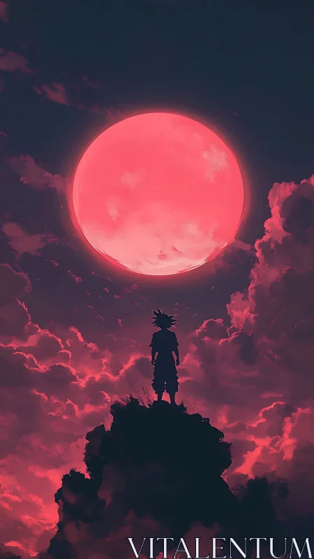 Lone silhouette beneath colossal neon crimson moonlit sky.