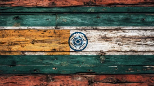 Weathered Indian flag painted across rustic wooden planks