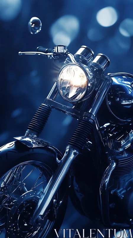 Chrome motorcycle front view with headlight in blue light.