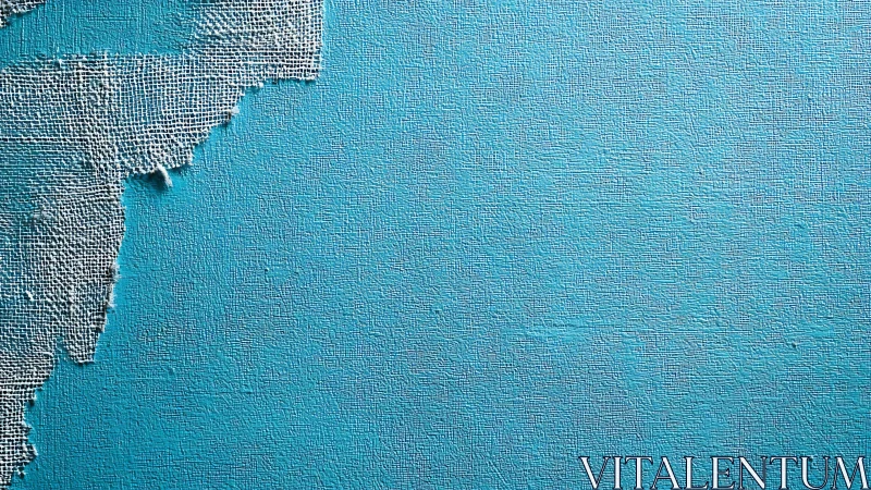 Textural blue wall with frayed fabric edge, minimal abstract study.