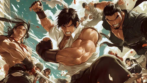 Martial artists in coordinated street combat scene.