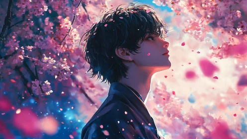 Side profile of youth under dense pink cherry blossoms.
