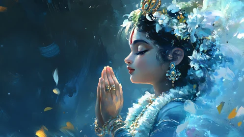 Gentle prayer in blue florals and soft celestial light.