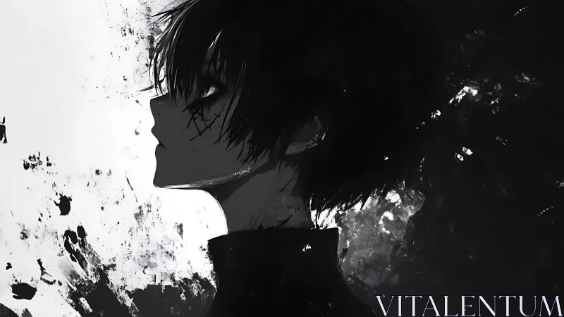 Profile of solitary anime boy in stark monochrome contrast.