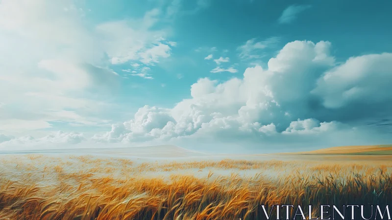Golden wheat under wandering clouds and wide open sky.