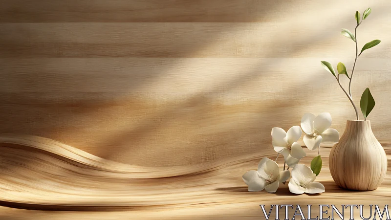 Minimalist wooden vase with white orchids on flowing surface