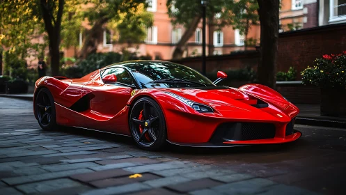 Red supercar stands parked on a quiet upscale city street.