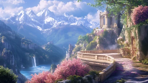 Terraced cliffside citadel above turquoise valley waters.