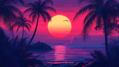 Vibrant tropical sunset over calm ocean with palm trees.