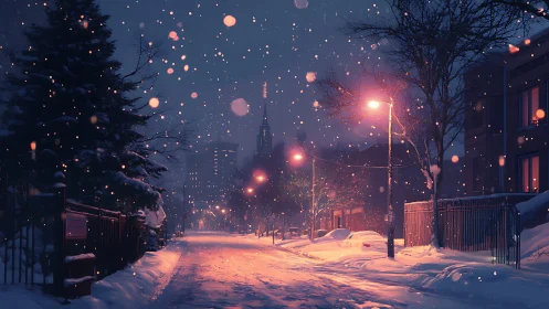 Snowy city street glows softly under winter night lights