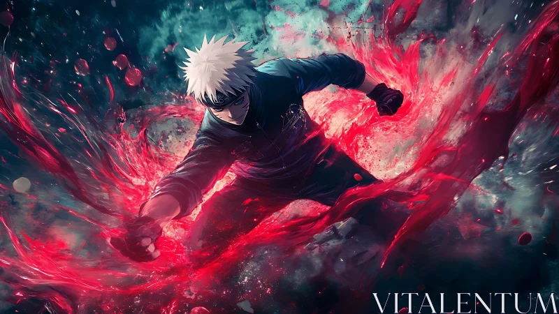 Epic anime warrior unleashes swirling crimson power.