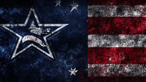 Grunge-textured American flag with stylized nautical star emblem.