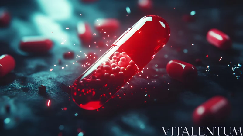 Vibrant Red Capsule in Futuristic Lighting with Dramatic Effects.