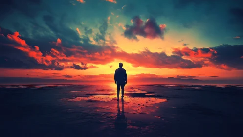 Silhouette stands on wet shoreline under saturated sunset sky