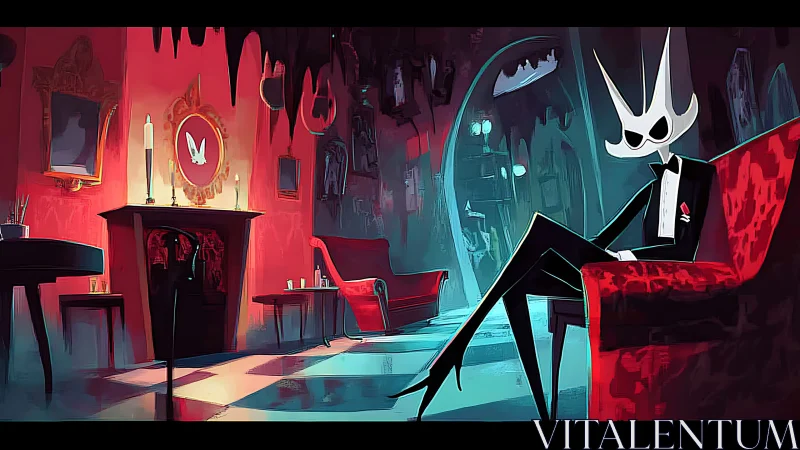 Anthropomorphic figure in stylized lounge interior setting.