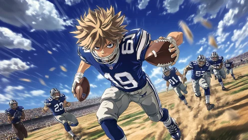 Energetic anime quarterback sprinting down a sunny football field.
